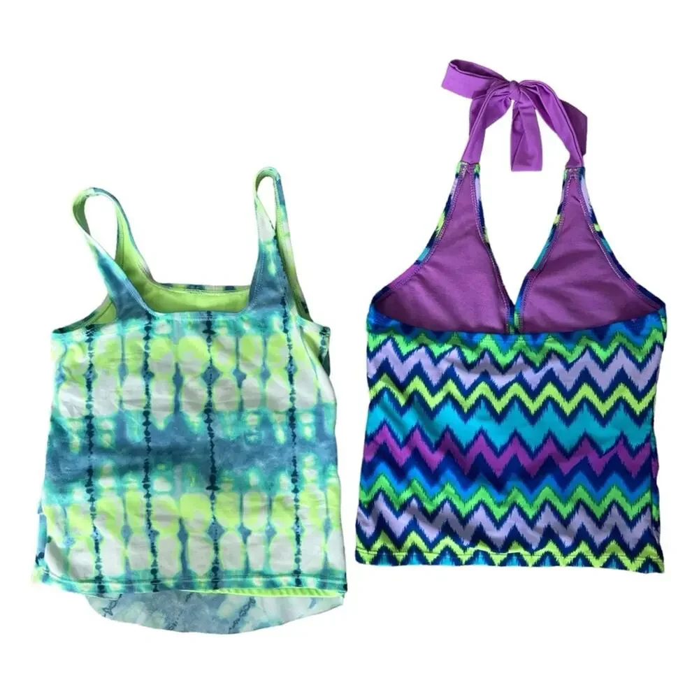 Justice Swim Tops (2) Tankini Ruffle Tie Dye Geometric Neck Tie Girls Size 8